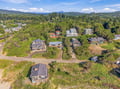 Aerial perspective of a peaceful residential neighborhood nestled among lush forests, with mountain ranges visible in the distance under a bright blue sky.