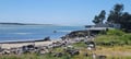 Coastal property situated along a sandy shoreline with driftwood-strewn beach, sparkling blue waters, and towering evergreens framing the scenic waterfront area.