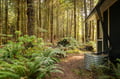 A secluded forest retreat surrounded by towering trees and lush ferns creates your perfect nature escape.