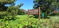 Pacific Sands Resort entrance marker stands in a landscaped setting with lush green lawns and mature coastal trees marking the arrival point to the property.