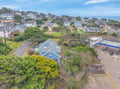 Aerial view of coastal neighborhood with charming homes nestled among mature trees near the ocean.