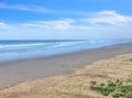 Expansive sandy coastline stretches beneath brilliant blue skies, with gentle waves rolling onto the pristine shore near the property.