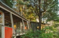 A striking mid-century modern home nestled among towering trees, featuring clean lines and warm lighting that creates an inviting forest retreat.