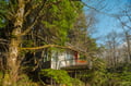 Modern treehouse elevated among lush forest canopy with private deck and floor-to-ceiling windows.