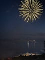 Brilliant fireworks burst over the water, painting the night sky with golden sparkles near the property's waterfront location.