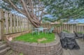 Your private backyard oasis awaits with BBQ, seating under a majestic tree, and peaceful garden space for outdoor relaxation.