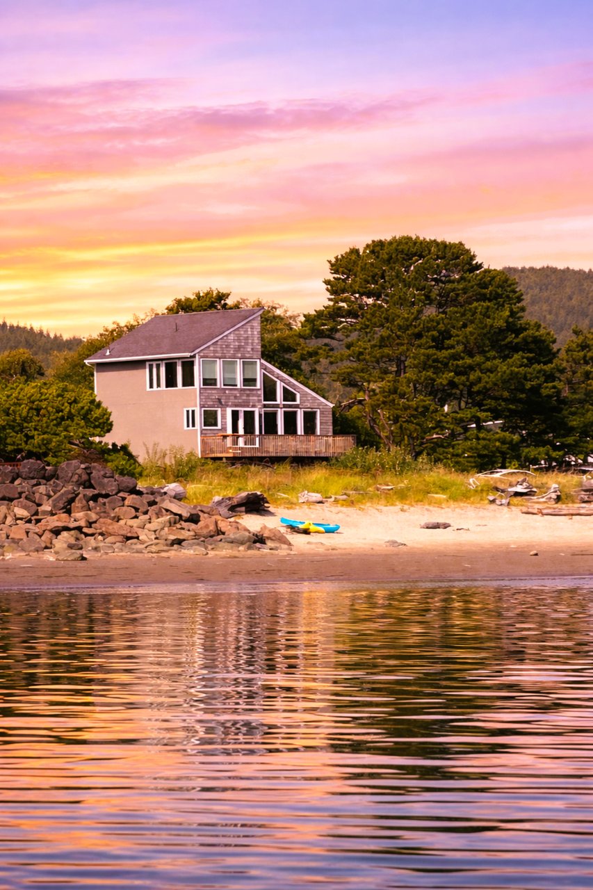 Waterfront property with private beach access beneath a stunning pastel sunset sky, surrounded by natural forest landscape.