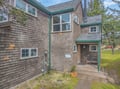 Charming shingled exterior with green trim nestled among towering evergreens and open lawn space.