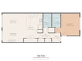 Floor plan layout showing a spacious one-bedroom apartment with open-concept living and dining areas, full kitchen, and two bathrooms.