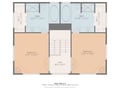 Floor plan showing two spacious bedrooms, each with its own private bathroom and walk-in closet, connected by a central hallway and staircase.