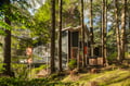 Modern forest retreat nestled among towering trees, featuring clean architectural lines and natural materials that blend seamlessly with the surrounding woodland.