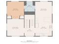 Floor plan of the first level showing the layout: one bedroom with dual closets, a full bathroom, open-plan living room, dining area, and modern kitchen with stairway access to upper floors.