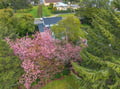 Aerial view captures the property nestled among blooming cherry trees and lush gardens in a peaceful residential neighborhood.