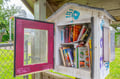 A charming little free library stands ready to share stories with neighbors and passersby, its weathered wooden frame and colorful decorations inviting you to take a book or leave one behind.