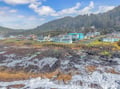 Coastal village nestled between forested hills and rocky shoreline, featuring charming homes and a distinctive blue building near the water's edge.