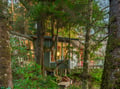 A modern treehouse retreat nestled among towering trees, offering a unique forest escape with warm lighting and elevated comfort.