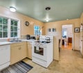 Step into your fully equipped kitchen with cheerful mint ceiling and warm yellow walls. Everything you need is here—stove, oven, coffee maker, and plenty of counter space—making it easy to prepare meals and start your mornings just the way you like.