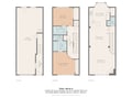 Three-story townhome floor plan featuring two bedrooms, multiple bathrooms, and spacious living areas perfect for your stay.